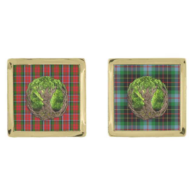 Clan MacNaughton Tartan And Celtic Tree Of Life Gold Cufflinks (Front)
