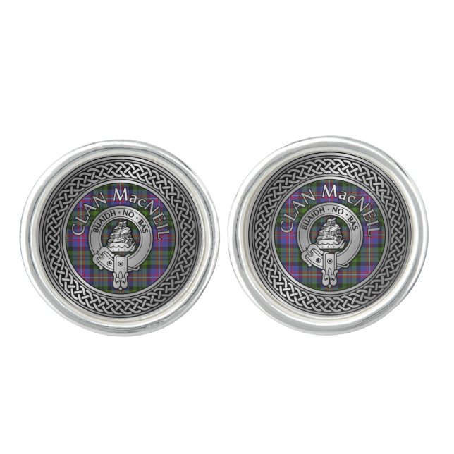 Clan MacNeil Crest & Tartan Knot Cufflinks (Front)