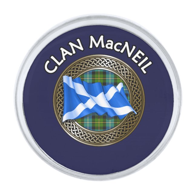 Clan MacNeil Tartan Knot & Flag Silver Finish Lapel Pin (Front)