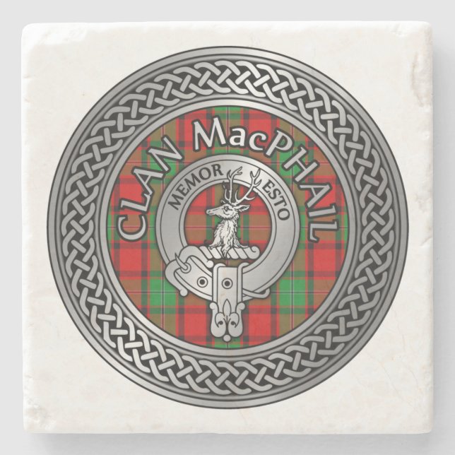 Clan MacPhail Crest & Tartan Knot Stone Coaster (Front)