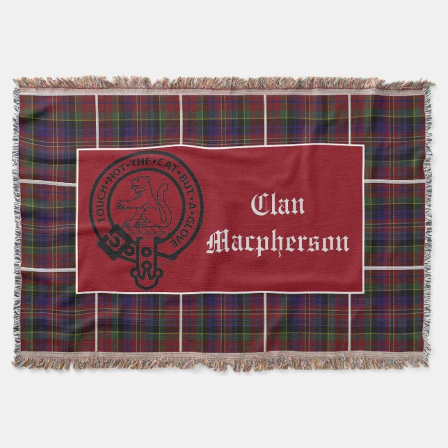 Clan Macpherson Crest Badge & Tartan Throw Blanket (Front)