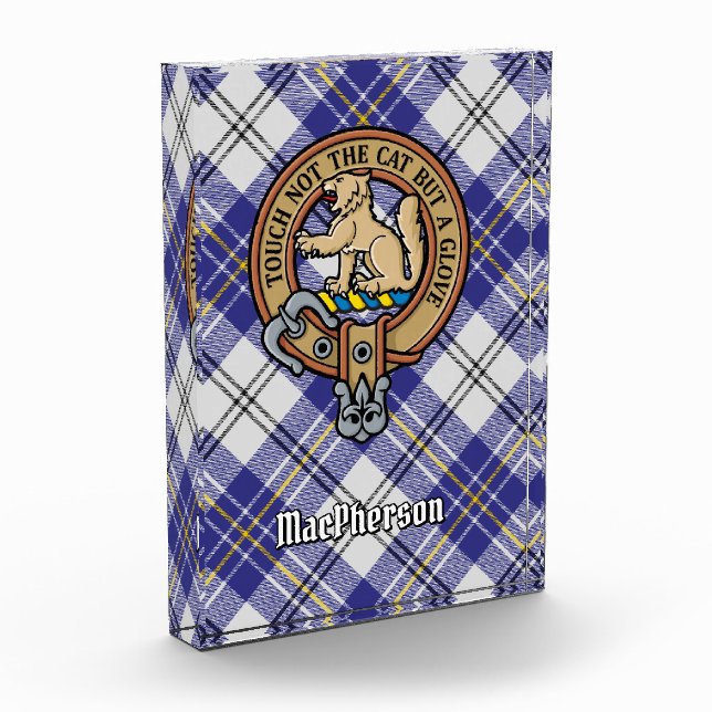 Clan MacPherson Crest over Blue Dress Tartan Acrylic Award (Left)