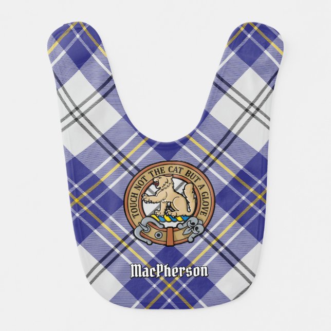 Clan MacPherson Crest over Blue Dress Tartan Baby Bib (Front)