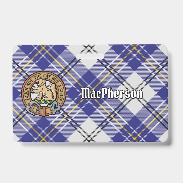 Clan MacPherson Crest over Blue Dress Tartan Badge (Front)