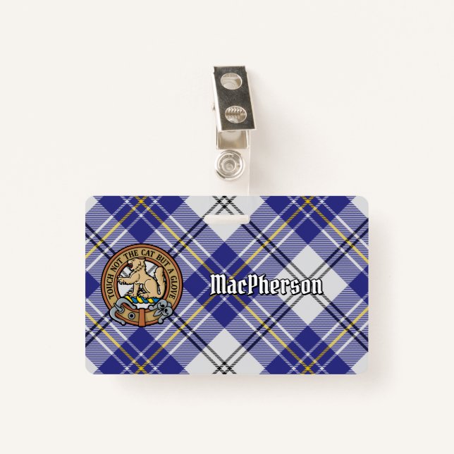 Clan MacPherson Crest over Blue Dress Tartan Badge (Front with Clip)