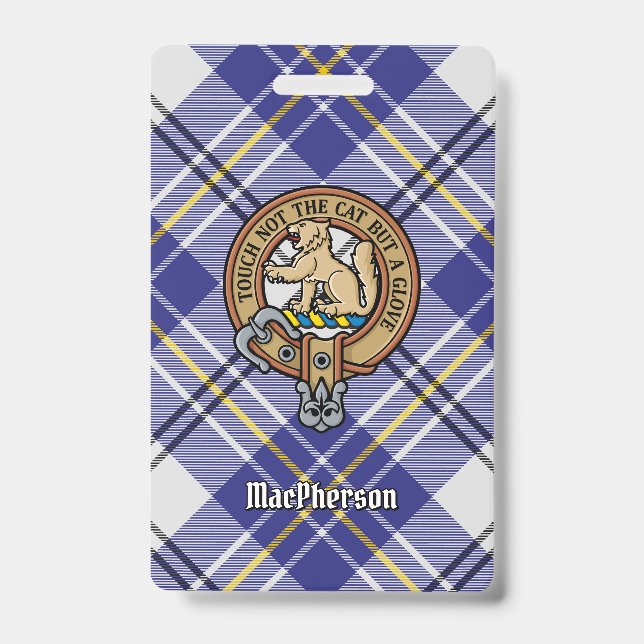 Clan MacPherson Crest over Blue Dress Tartan Badge (Front)