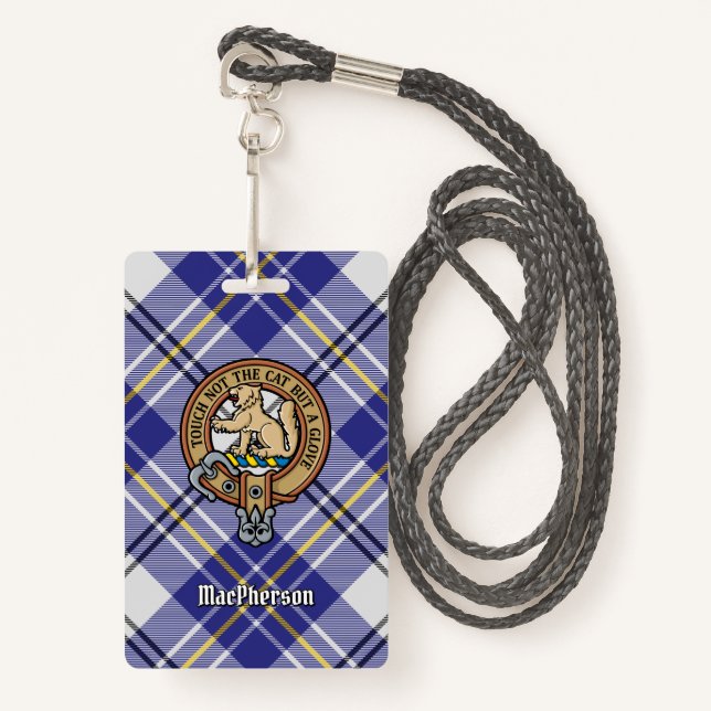 Clan MacPherson Crest over Blue Dress Tartan Badge (Front with Lanyard)