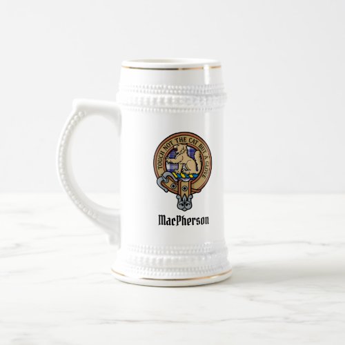 Clan MacPherson Crest over Blue Dress Tartan Beer Stein