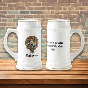 Clan MacPherson Crest over Blue Dress Tartan Beer Stein