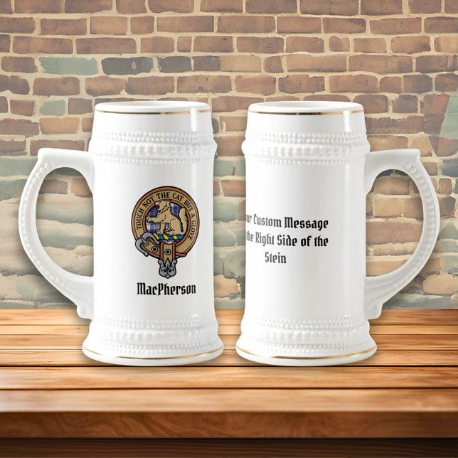 Clan MacPherson Crest over Blue Dress Tartan Beer Stein (Creator Uploaded)