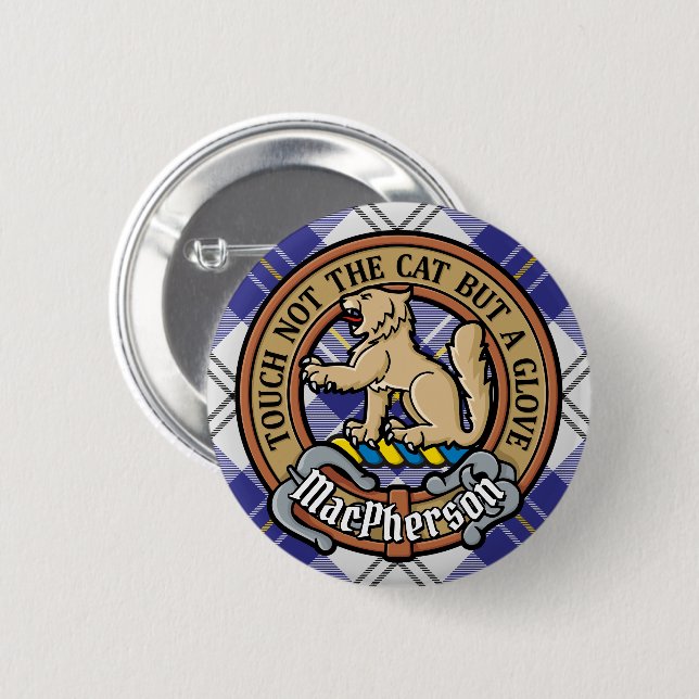 Clan MacPherson Crest over Blue Dress Tartan Button (Front & Back)