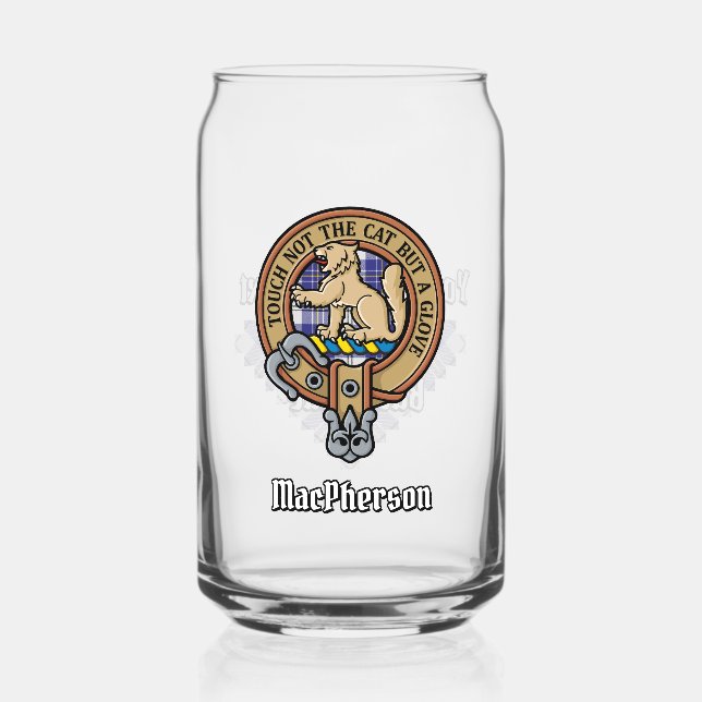 Clan MacPherson Crest over Blue Dress Tartan Can Glass (Front)