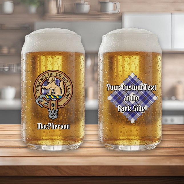 Clan MacPherson Crest over Blue Dress Tartan Can Glass (Creator Uploaded)