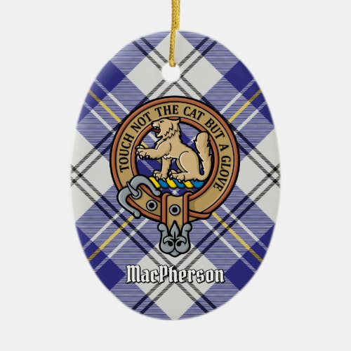Clan MacPherson Crest over Blue Dress Tartan Ceramic Ornament