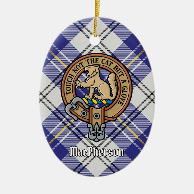 Clan MacPherson Crest over Blue Dress Tartan Ceramic Ornament (Front)