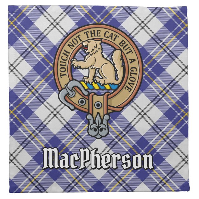 Clan MacPherson Crest over Blue Dress Tartan Cloth Napkin (Front)