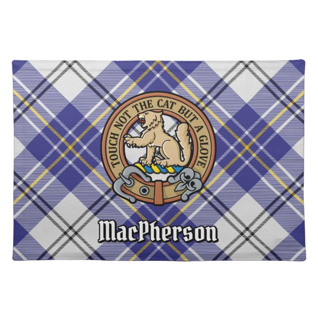 Clan MacPherson Crest over Blue Dress Tartan Cloth Placemat (Front)