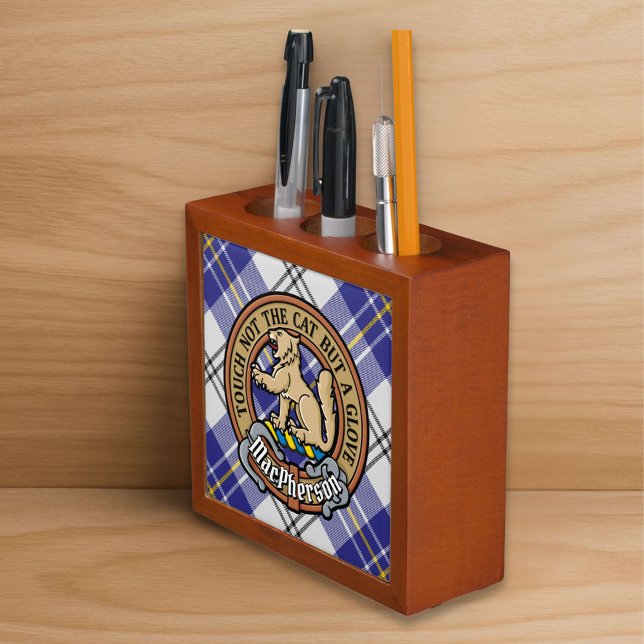 Clan MacPherson Crest over Blue Dress Tartan Desk Organizer (Creator Uploaded)