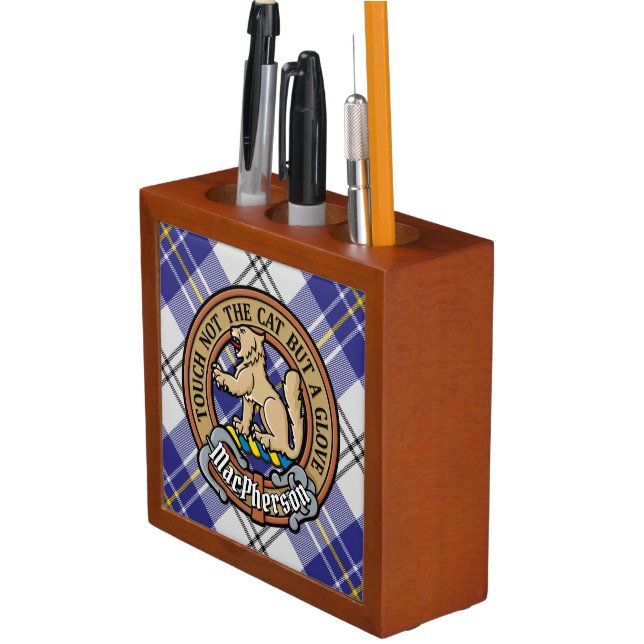 Clan MacPherson Crest over Blue Dress Tartan Desk Organizer (In Situ)