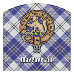 Clan MacPherson Crest over Blue Dress Tartan Door Sign
