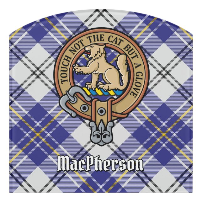 Clan MacPherson Crest over Blue Dress Tartan Door Sign (Contour Front)