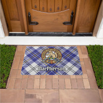 Clan MacPherson Crest over Blue Dress Tartan Doormat