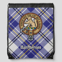 Clan MacPherson Crest over Blue Dress Tartan Drawstring Bag