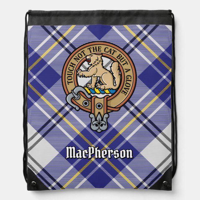Clan MacPherson Crest over Blue Dress Tartan Drawstring Bag (Front)