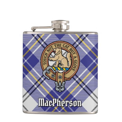 Clan MacPherson Crest over Blue  Dress Tartan Flask