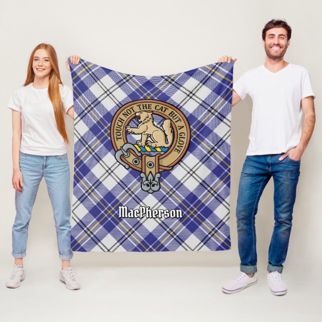 Clan MacPherson Crest over Blue Dress Tartan Fleece Blanket (In Situ)