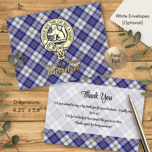 Clan MacPherson Crest over Blue Dress Tartan Foil Invitation Postcard (Creator Uploaded)