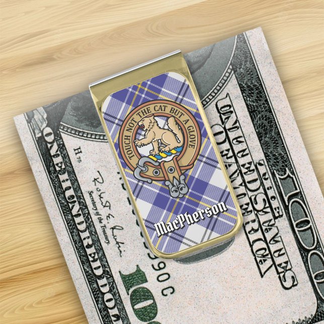 Clan MacPherson Crest over Blue Dress Tartan Gold Finish Money Clip (Creator Uploaded)