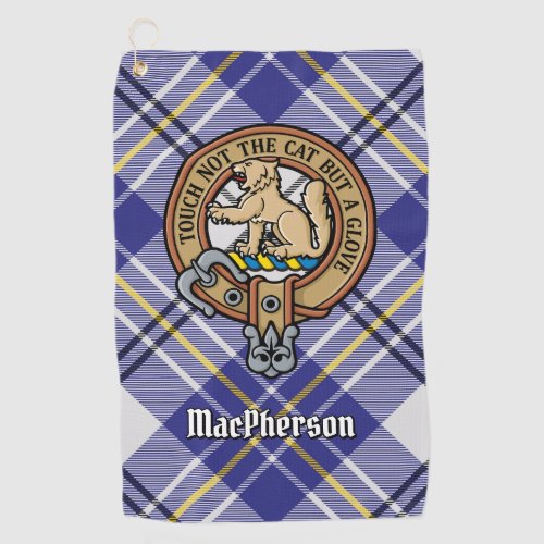 Clan MacPherson Crest over Blue Dress Tartan Golf Towel