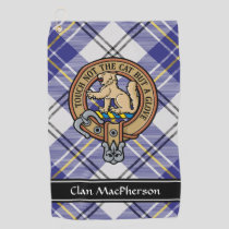 Clan MacPherson Crest over Blue Dress Tartan Golf Towel