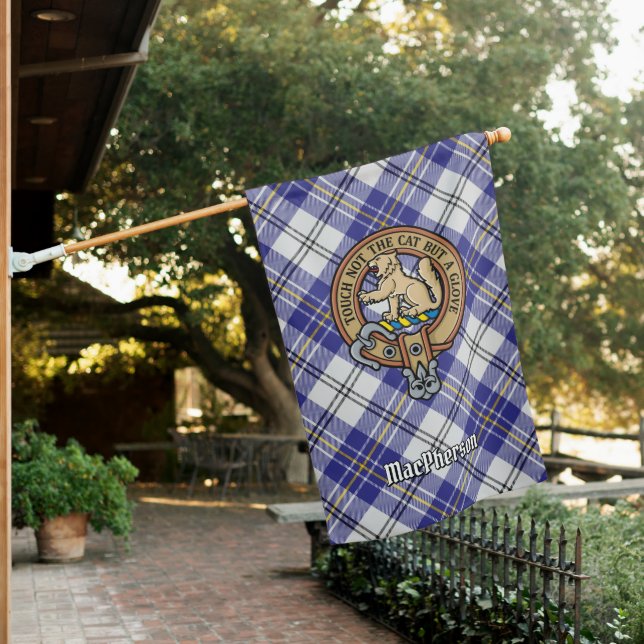 Clan MacPherson Crest over Blue Dress Tartan House Flag (In SItu)