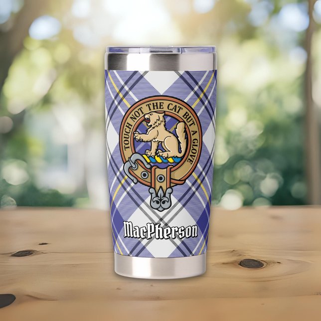 Clan MacPherson Crest over Blue Dress Tartan Insulated Tumbler (Creator Uploaded)