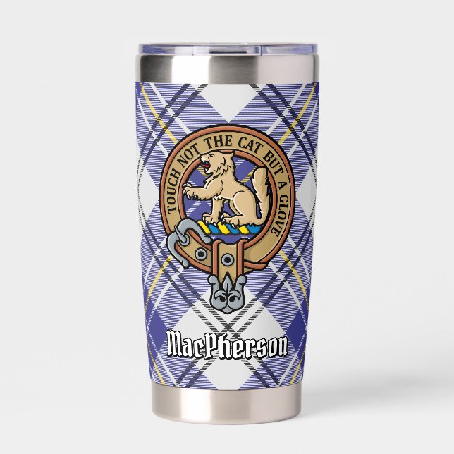 Clan MacPherson Crest over Blue Dress Tartan Insulated Tumbler (Front)