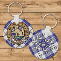 Clan MacPherson Crest over Blue Dress Tartan Keychain
