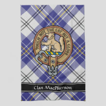 Clan MacPherson Crest over Blue Dress Tartan Kitchen Towel