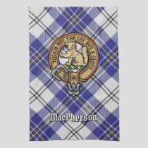 Clan MacPherson Crest over Blue Dress Tartan Kitchen Towel