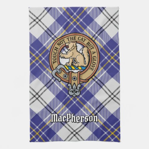 Clan MacPherson Crest over Blue Dress Tartan Kitchen Towel