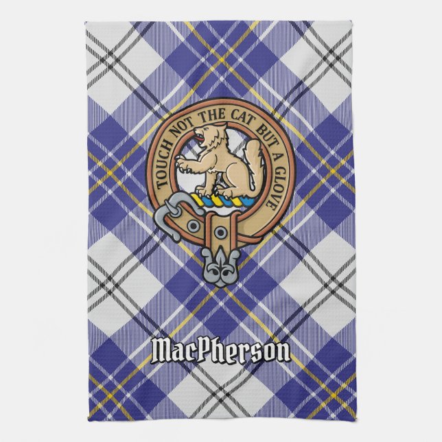 Clan MacPherson Crest over Blue Dress Tartan Kitchen Towel (Vertical)