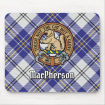 Clan MacPherson Crest over Blue Dress Tartan Mouse Pad