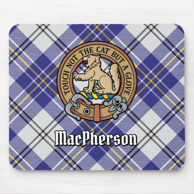Clan MacPherson Crest over Blue Dress Tartan Mouse Pad (Front)