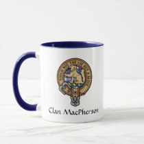 Clan MacPherson Crest over Blue Dress Tartan Mug