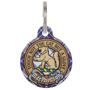 Clan MacPherson Crest over Blue Dress Tartan Pet ID Tag