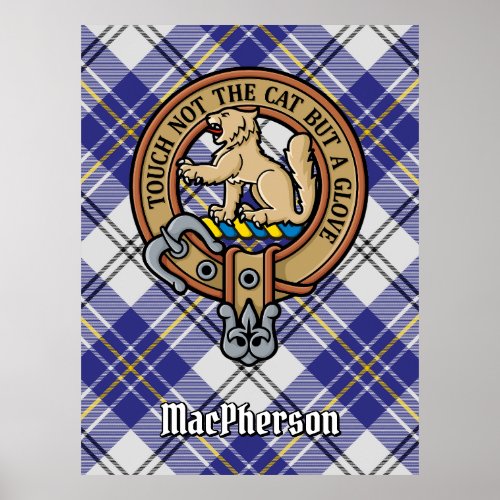 Clan MacPherson Crest over Blue Dress Tartan Poster