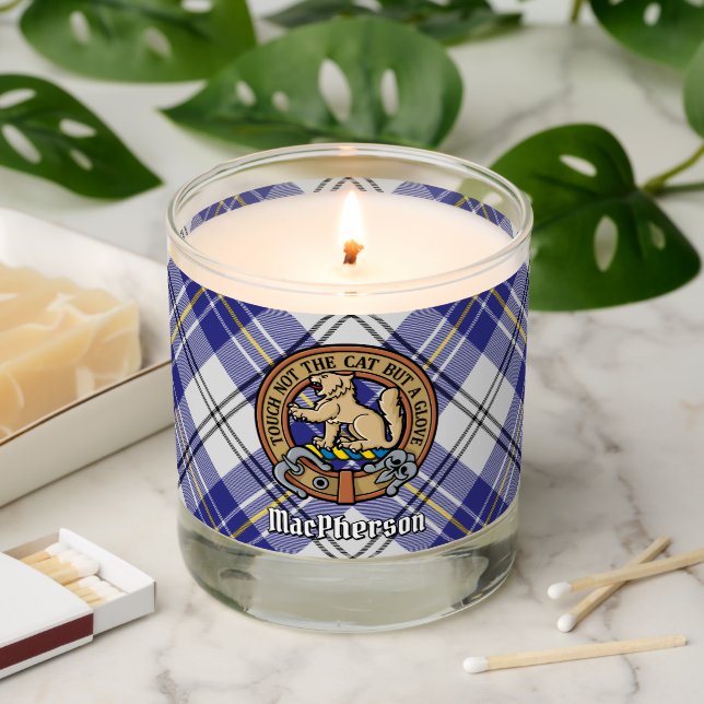 Clan MacPherson Crest over Blue Dress Tartan Scented Candle (Lit)