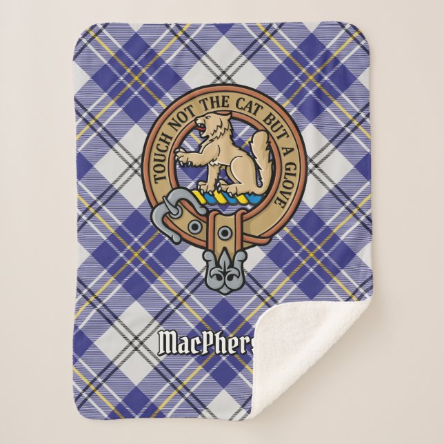 Clan MacPherson Crest over Blue Dress Tartan Sherpa Blanket (Front)
