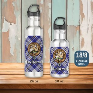 Clan MacPherson Crest over Blue Dress Tartan Stainless Steel Water Bottle